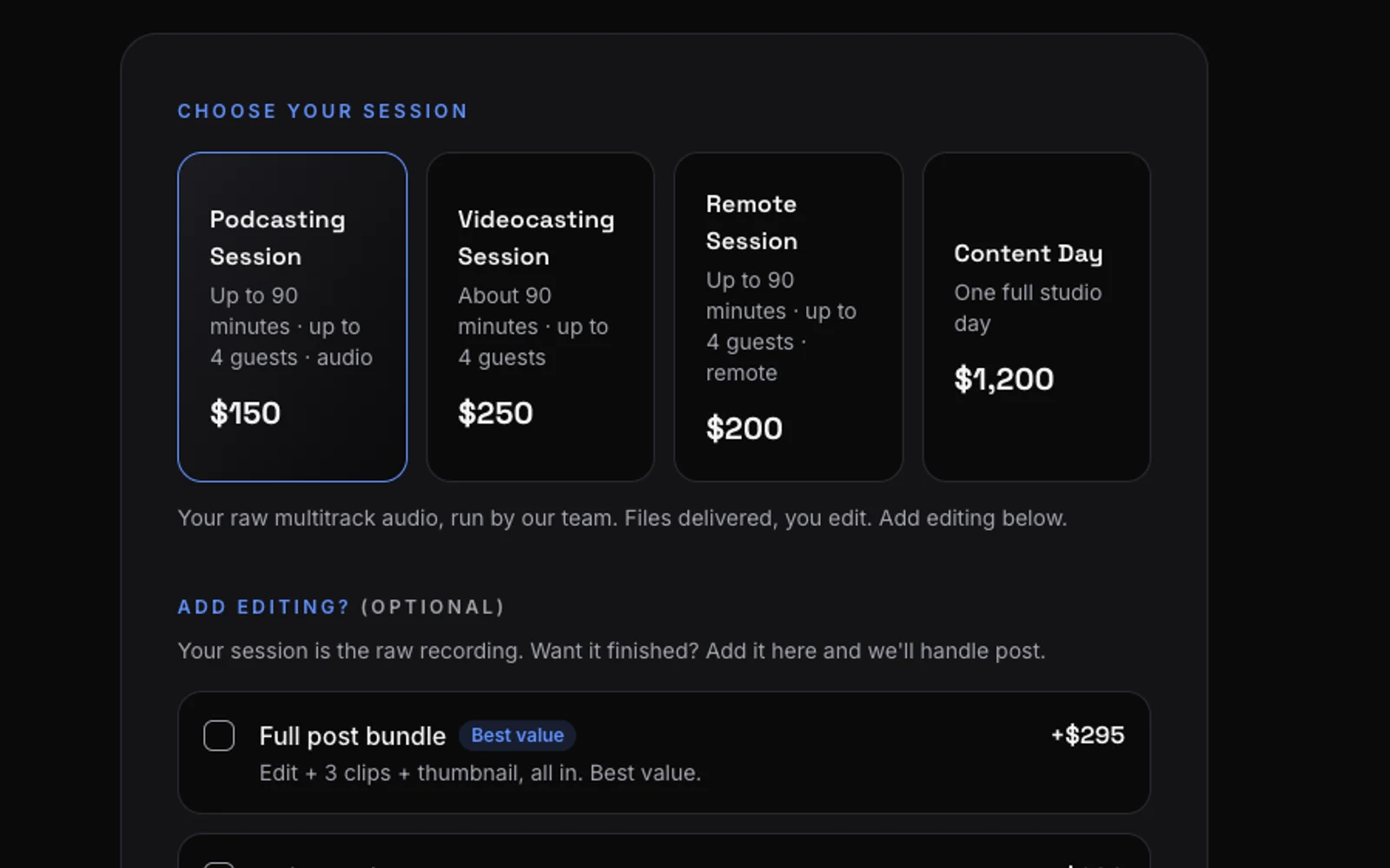 The Recording Pod — Booking and add-on flow