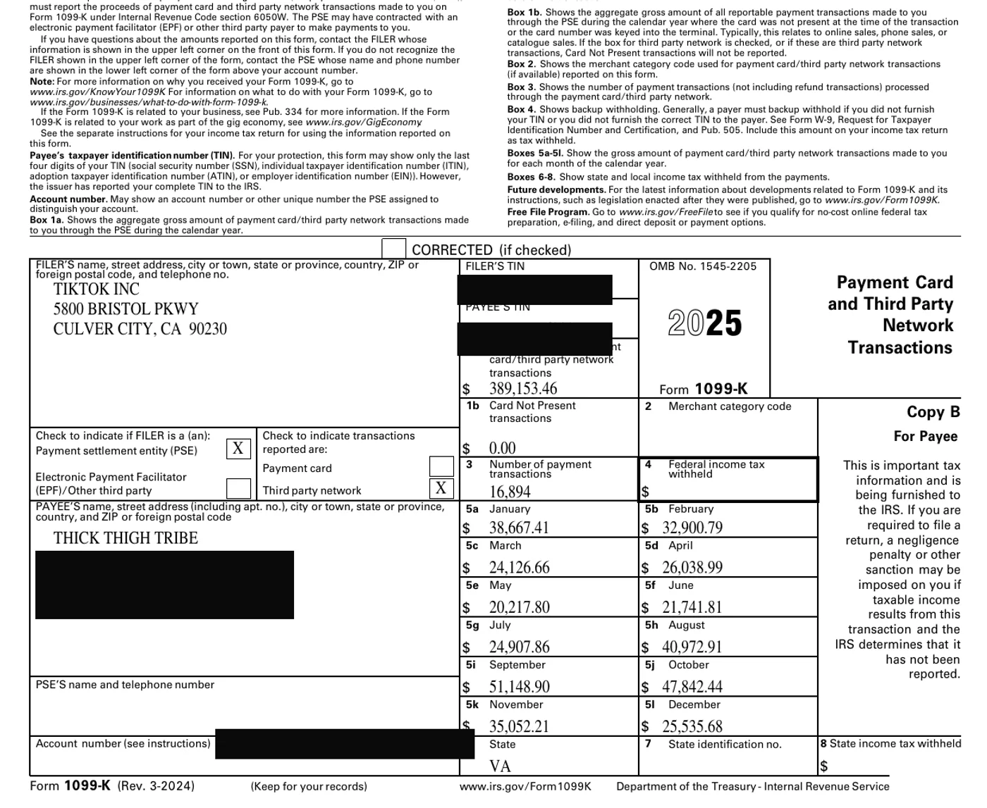 IRS Form 1099-K, 2025 — filed by TikTok Inc. TikTok Shop channel alone: $389,153 across 16,894 orders. Personal identifiers redacted; figures unaltered.